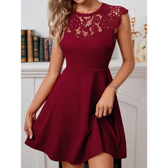 Lace Yoke Flare Hem short sleeve mini Dress burgundy red maroon size medium NWT - Picture 1 of 4